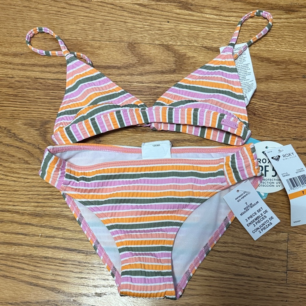 Roxy Pink, Orange, White & Olive Striped Bikini Set